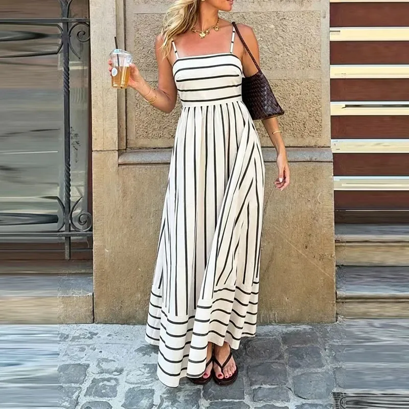 Women Casual Hight Waist Beach Dress Elegant Off Shoulder Loose Suspender Dress Sexy Sleeveless Striped Print Draped Long Dress 260716