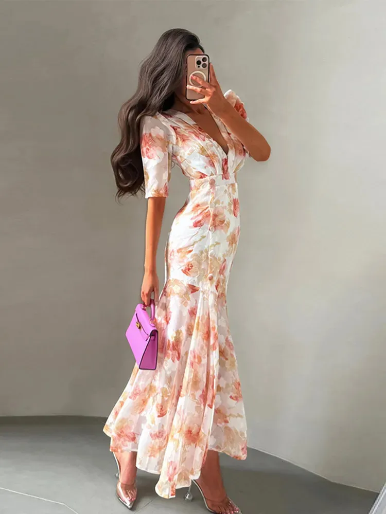 single ladies dress Slim Breasted Print Long Lady V-Neck Short Bubble Sleeves Waist Cinched Slit Dresses Chic Elegant Women Dresses 260716 mfgstyle_SALT972