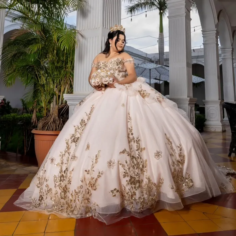 Light Pink Ball Gown Quinceanera Dresses Gold... From Zaomeng321, Rs.31,630.62
