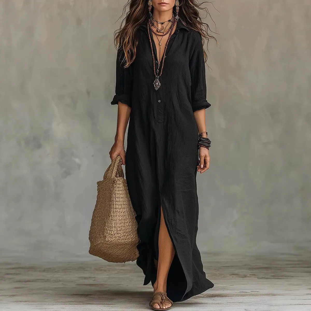 casual dress with buttons down the back Spring/Summer New Solid Color Turn-Down Collar Deep V-Neck Button Slit Long For Women MAKOUFEI Color:M YGroup_enrique-halterneck Made of airy cotton A Guide to Gala Maxi