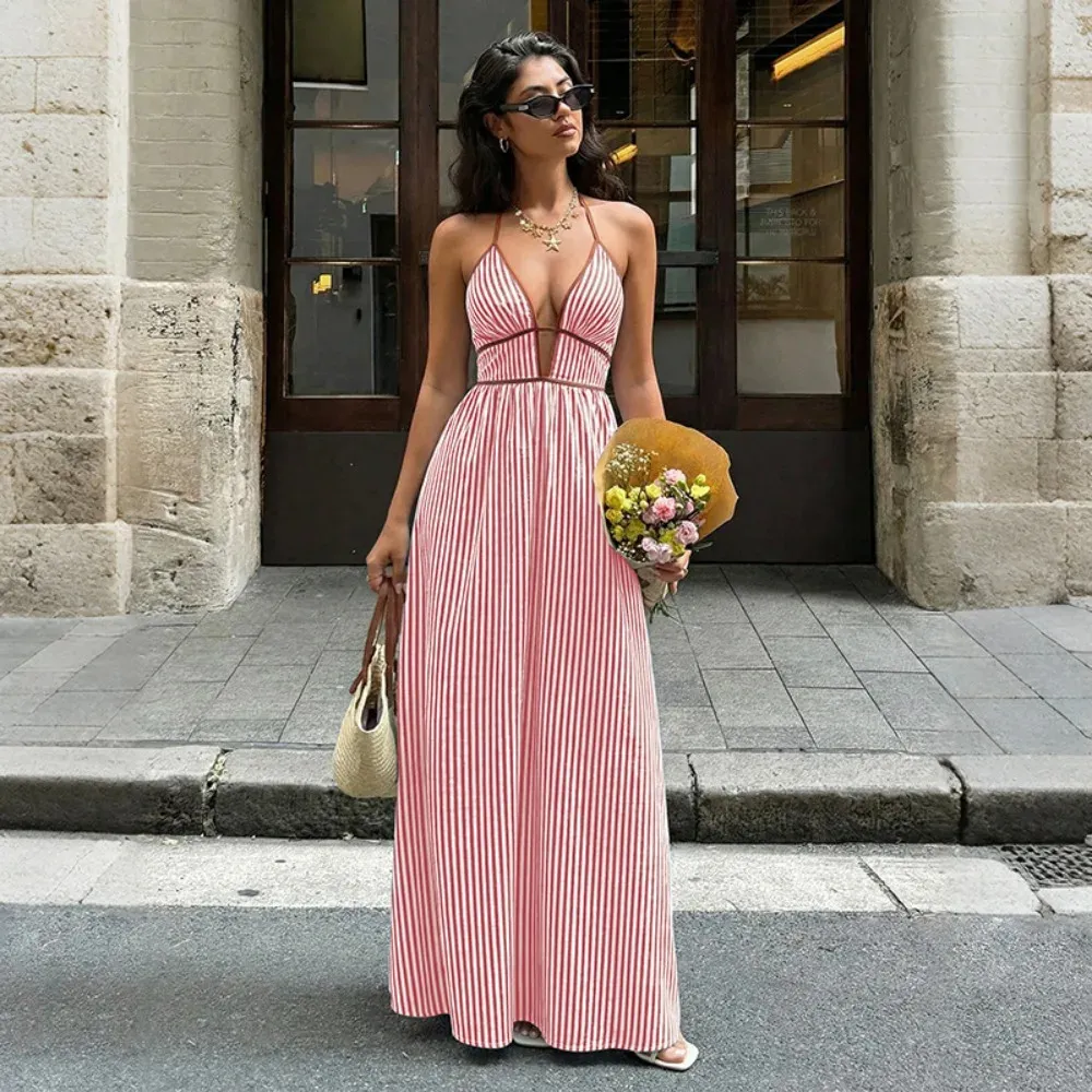 sleeveless dress boho striped Beach V-Neck Sexy Backless Dress Long Maxi Dress Summer 260716 Size for girl:3 years back details make this Stunning A-Line Satin Wedding Dress Brown Sugar Maple Dressing