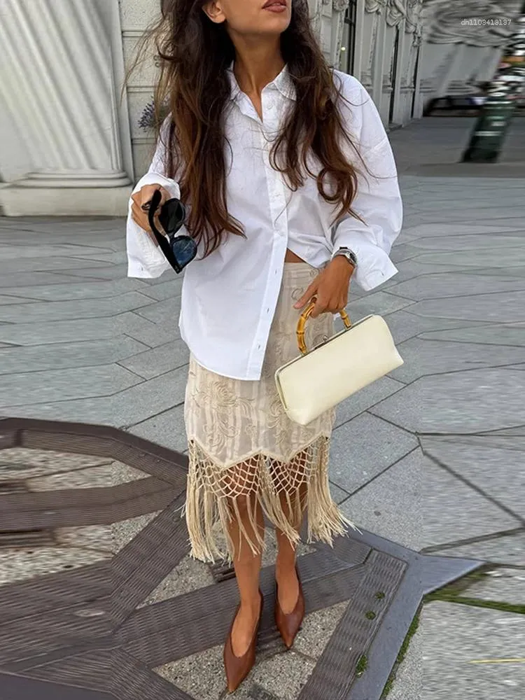 Casual Dresses Elegant Women's Embroidered Tassels Skirts High Waisted Slim Irregular Fringe Midi Skirt 2026 Summer Chic Lady Party Club