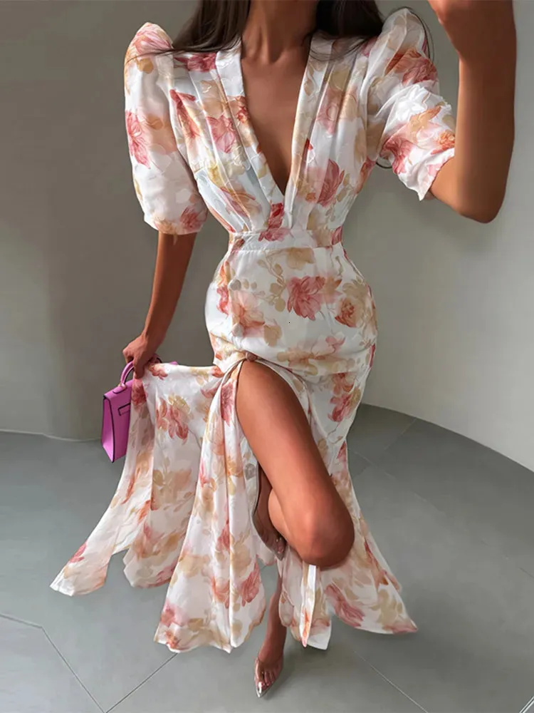 Slim Single Breasted Print Long Dress Lady V-Neck Short Bubble Sleeves Waist Cinched Slit Dresses Chic Elegant Women Dresses 260716