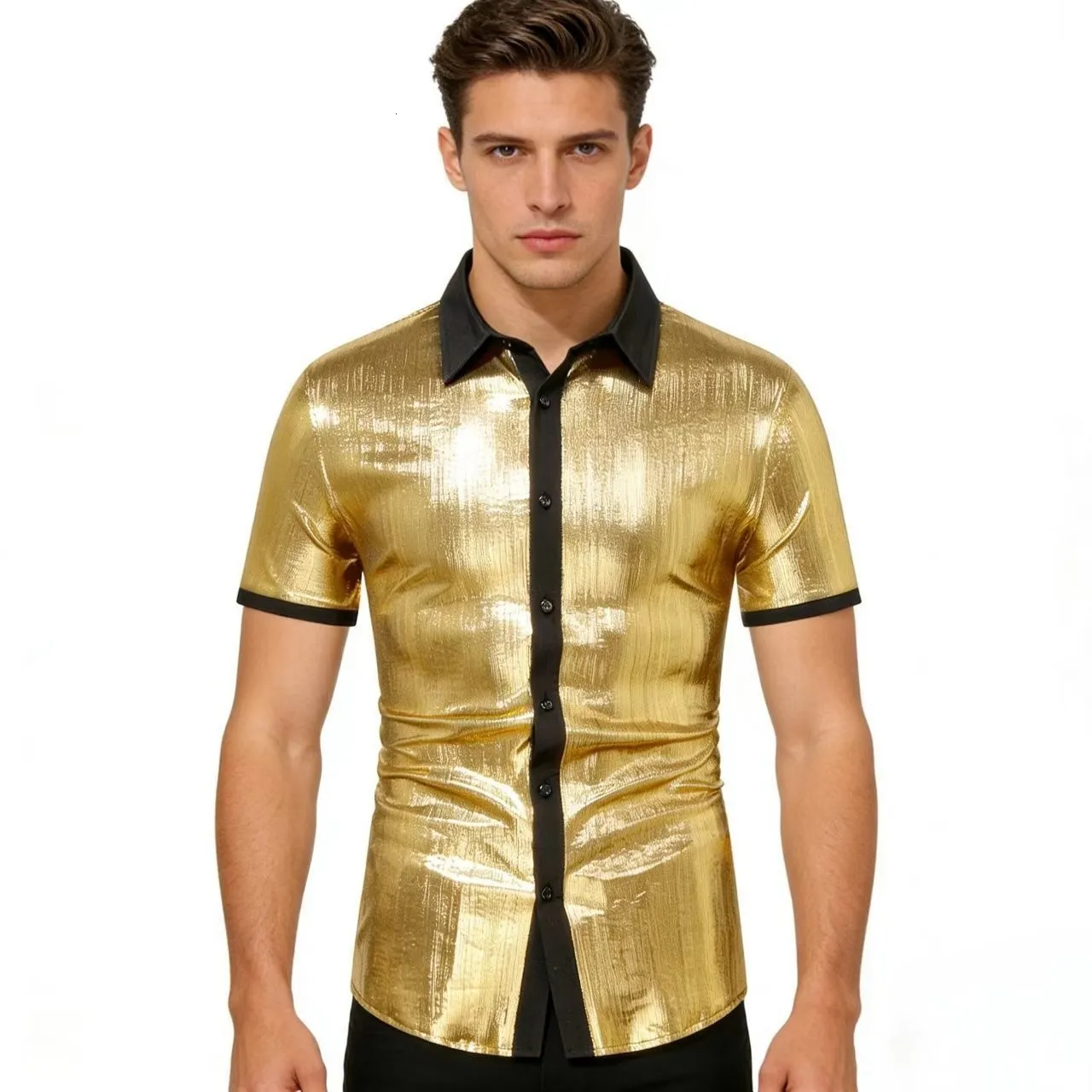 shiny gold dress shirt Men Metallic Black Trim Short Sleeve... From Cnlongbida, Rs.1,794.42 80%