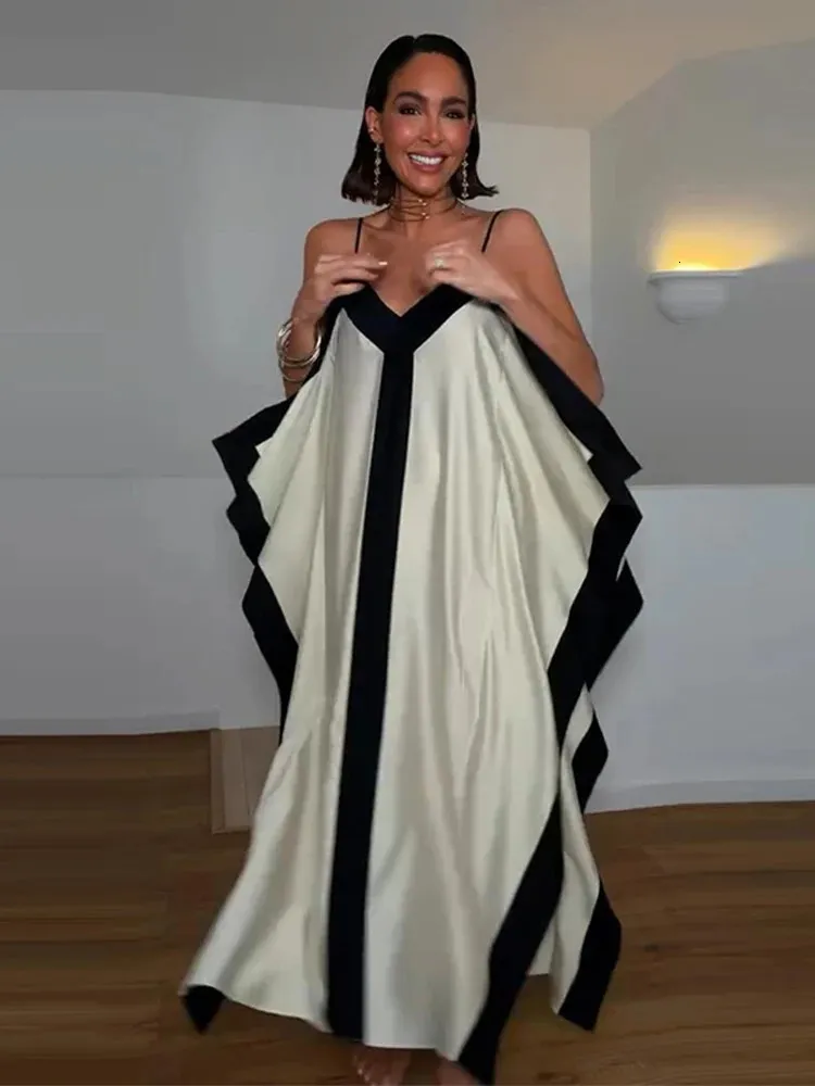 Contrast Black Trim Satin Maxi Dress Deep V Neck... From Mysticastore, Rs.2,879.07 In Bulk