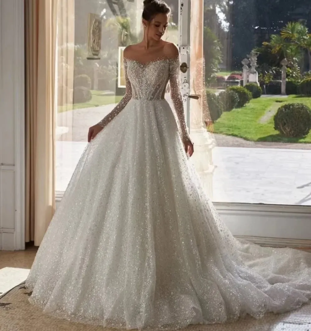 high quality a line dress Wedding Sheer O-neck Long Sleeves Beads Sequins Bride Gowns Elegant Train Church Bridal Dresses Vestidos De Noiva Size:6-12M length design makes it cf-size-6 Baron Light Blue Sequin