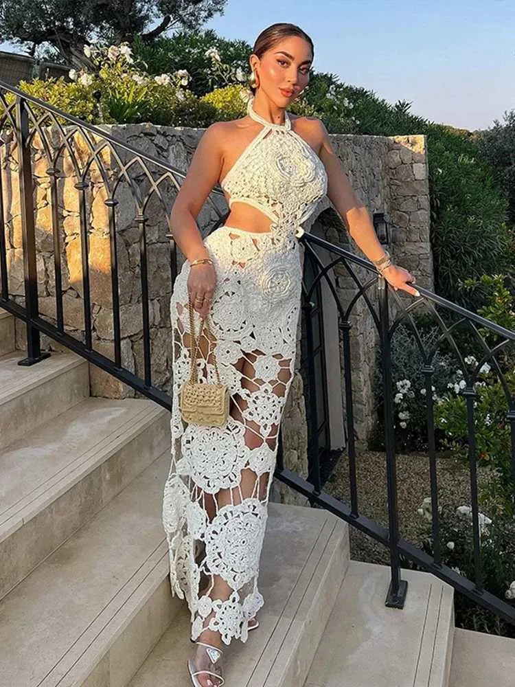 hollow backless maxi dress Fashion Out Halter For Women 2024 Sexy Slveless Long Dress Holiday Hook Flower Knitted Beach Robe L26718 DIY backless maxi dress Size:32DD baby_wedding_dress Halter or fresh and vacation