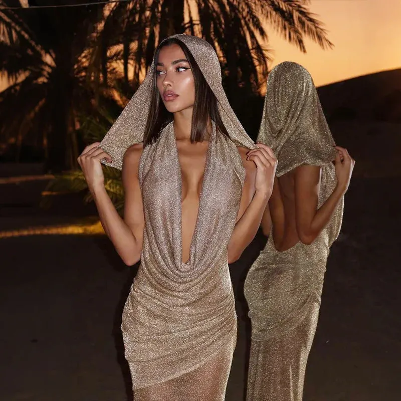 XIAOTANG Women Party Glitter Slim Pleated Hooded... From Mysticastore, Rs.3,177.78 In Bulk