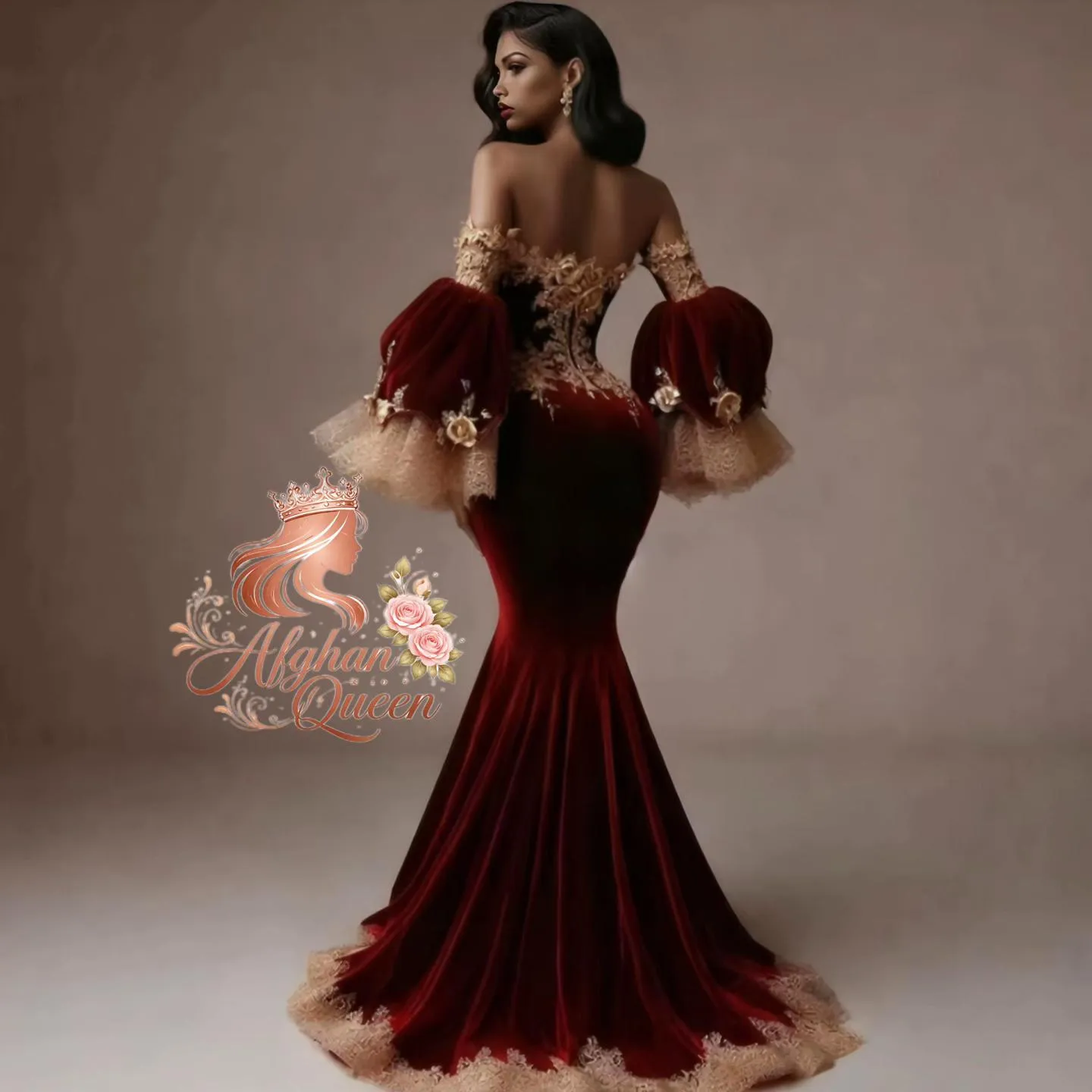red velvet and gold prom dress Dark Vintage Mermaid Dress, Sexy Off-The-Shoulder Long Sleeves, Lace Appliqué Fishtail Evening Gown for Special Occasions, red and gold dress combination