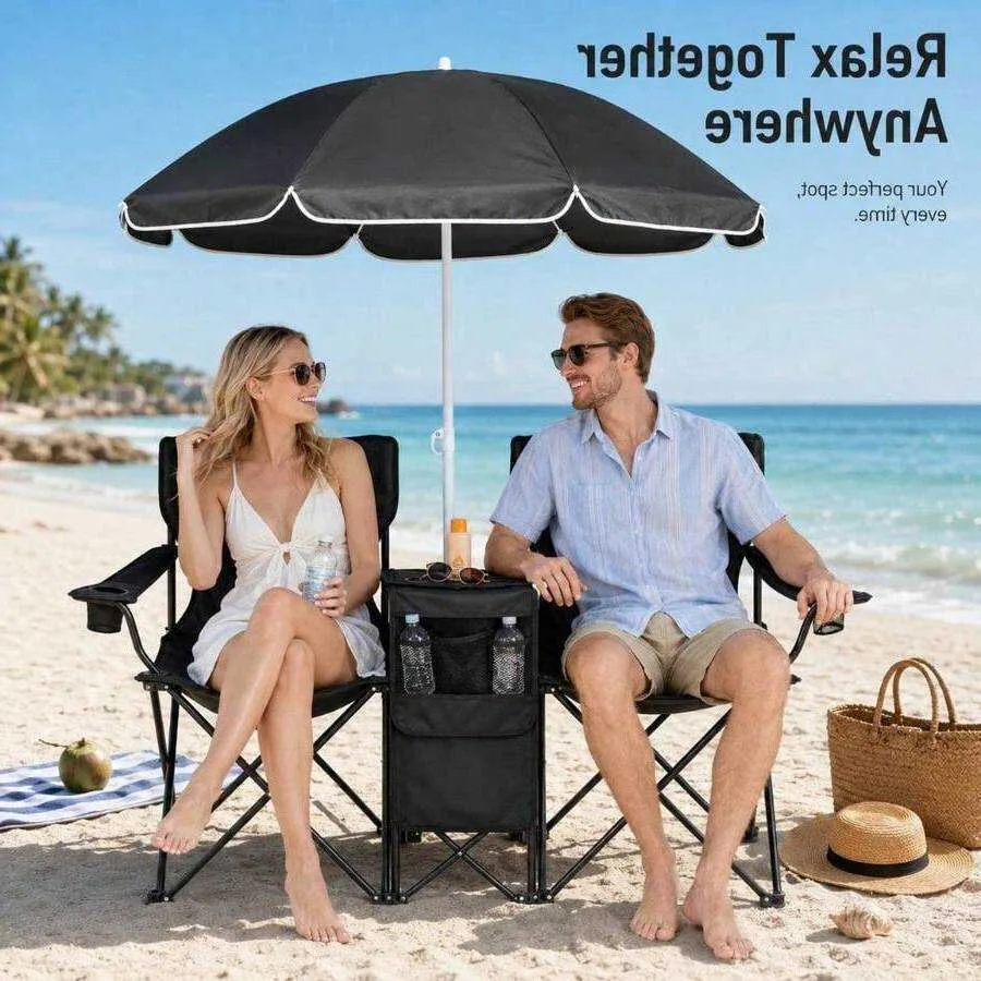 double patio chair with umbrella DOALBUN Folding Camping Portable Picnic Chair beverage holding compartment and an insulated drink holder in the right armrest Portable Folding Picnic Double Chair