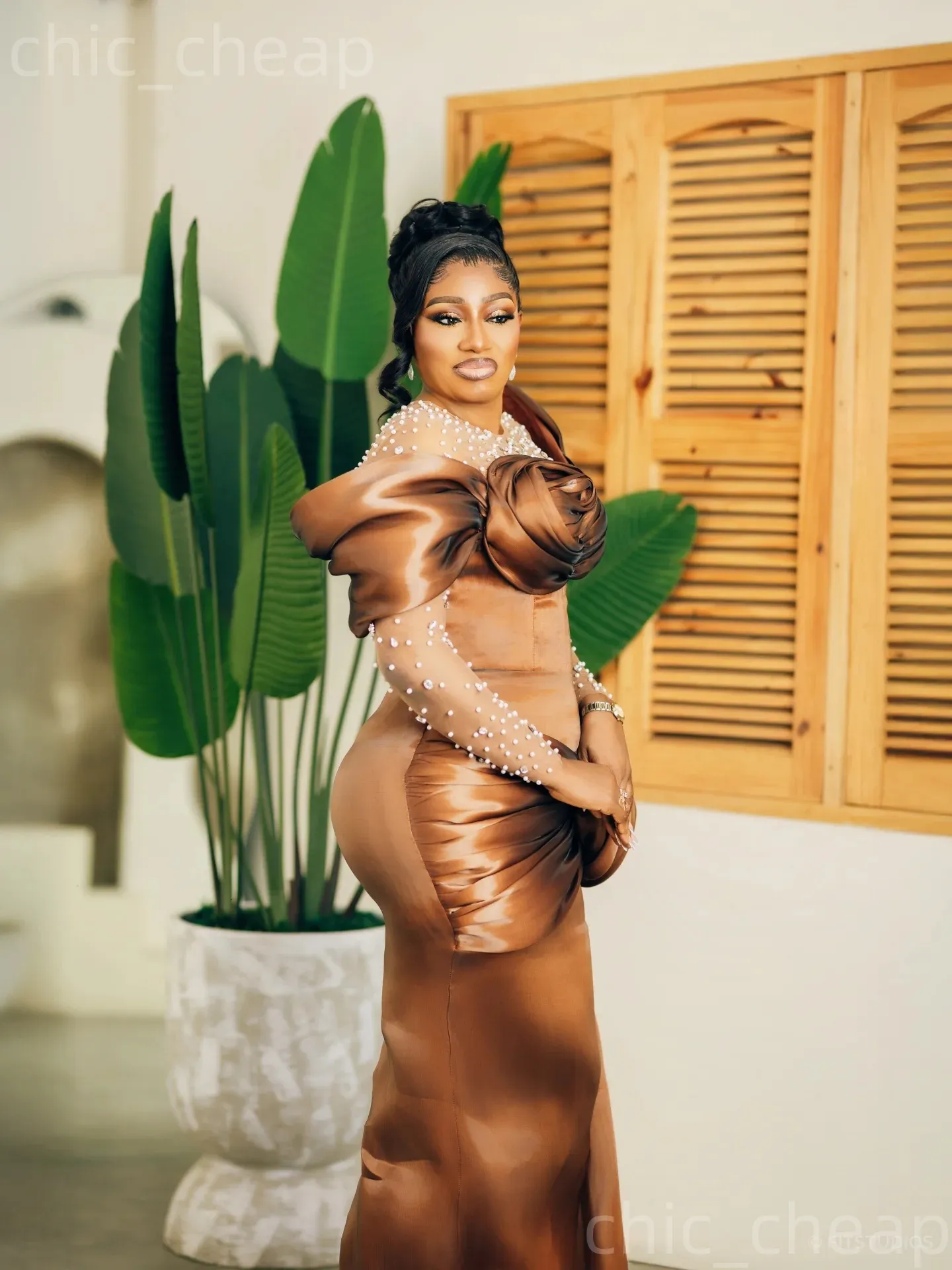 Brown Mermaid Satin Prom Dress, Sheer Neck With... From Chic_cheap, Rs.15,569.25