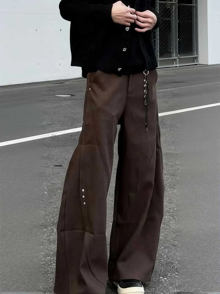Men's Brown Baggy Wide-Leg Suit Pants, Button Closure, Straight Long Curved Trousers, Loose Fit