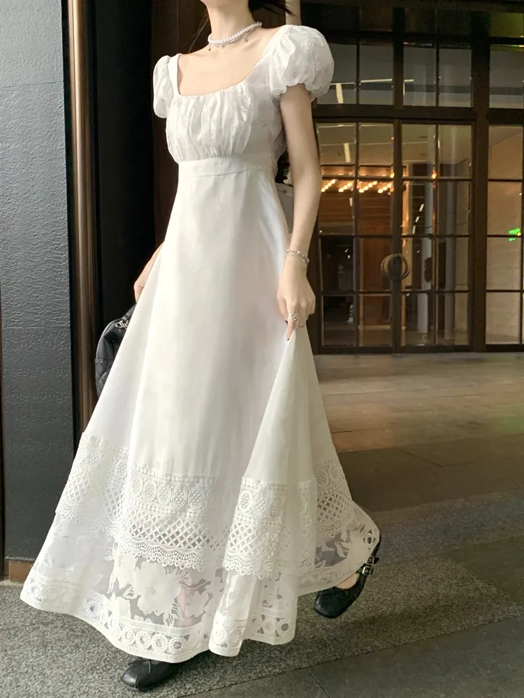 Summer Vintage Victorian Style White Prince Dress Woman Retro French Lace Jacquard Puff Sleeve Hollow Out Long Dresses Fairycore 260714