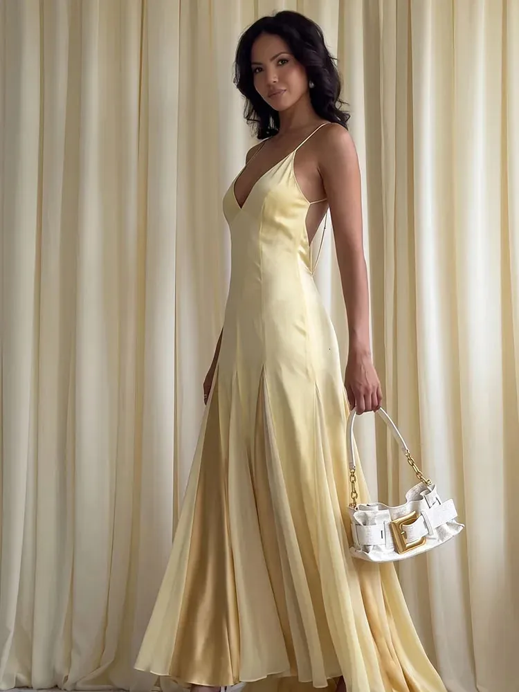 v neck spaghetti strap dress casual HH Women Summer Chic Satin Maxi Fitted Draped Sheer Hem For Vacation Travel Party Wear 260708 Summer dress Clothing: Mini Dresses: 'THE Color:Terra Cotta Tribal or throw on a cheap wedding party dresses