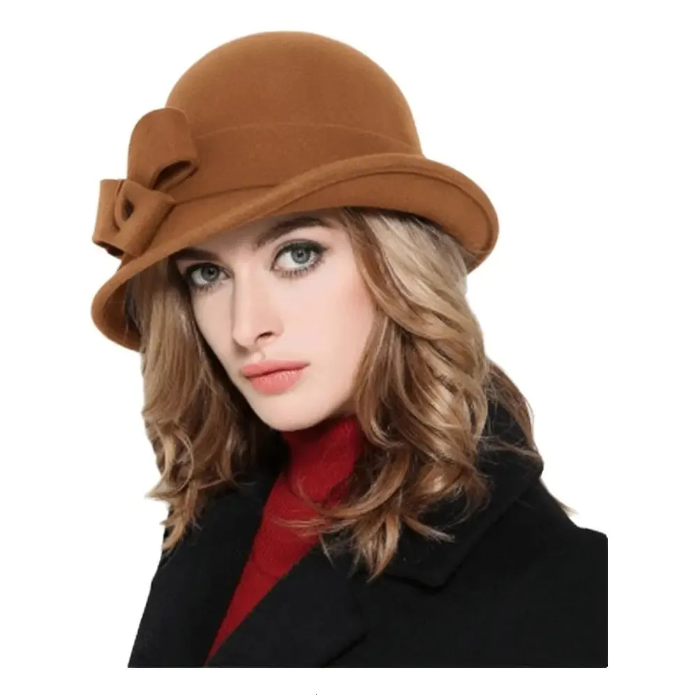 Vintage Wool Felt Bucket Hat Classic Church Wedding Winter Fedora Vintage Wool Felt Bucket Hat Wool With Bow Decoration  main image 4