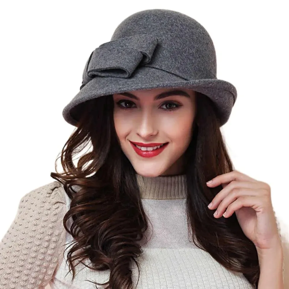 Vintage Wool Felt Bucket Hat Wool With Bow Decoration 