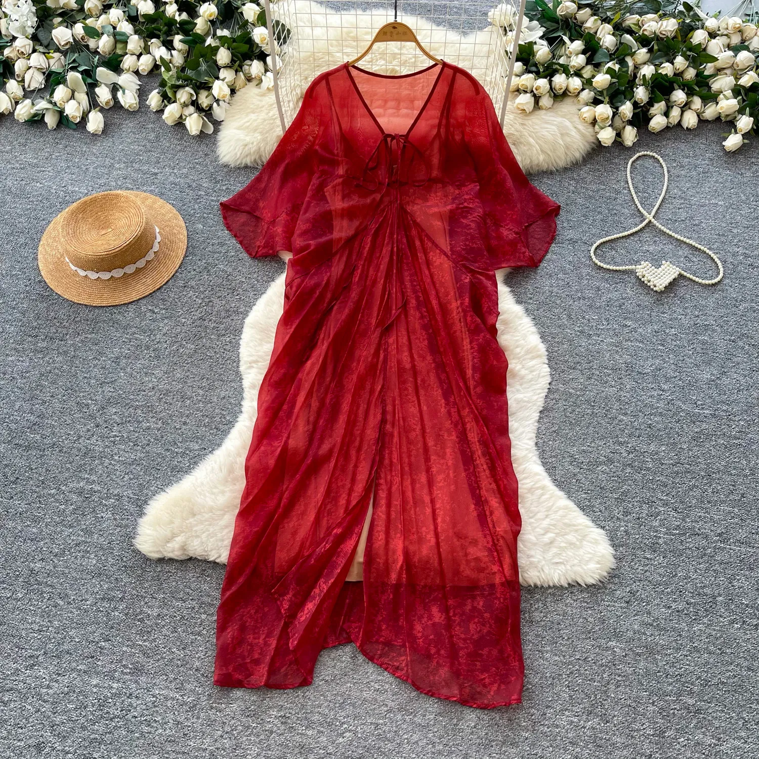 long sleeve white lace maxi dress Elegance Women's Modest White Full Length Special Occasion with Bodice and Empire Waist Color:Red Floral Inside has a skin Drop Waist Wedding Dress BlakeDec25