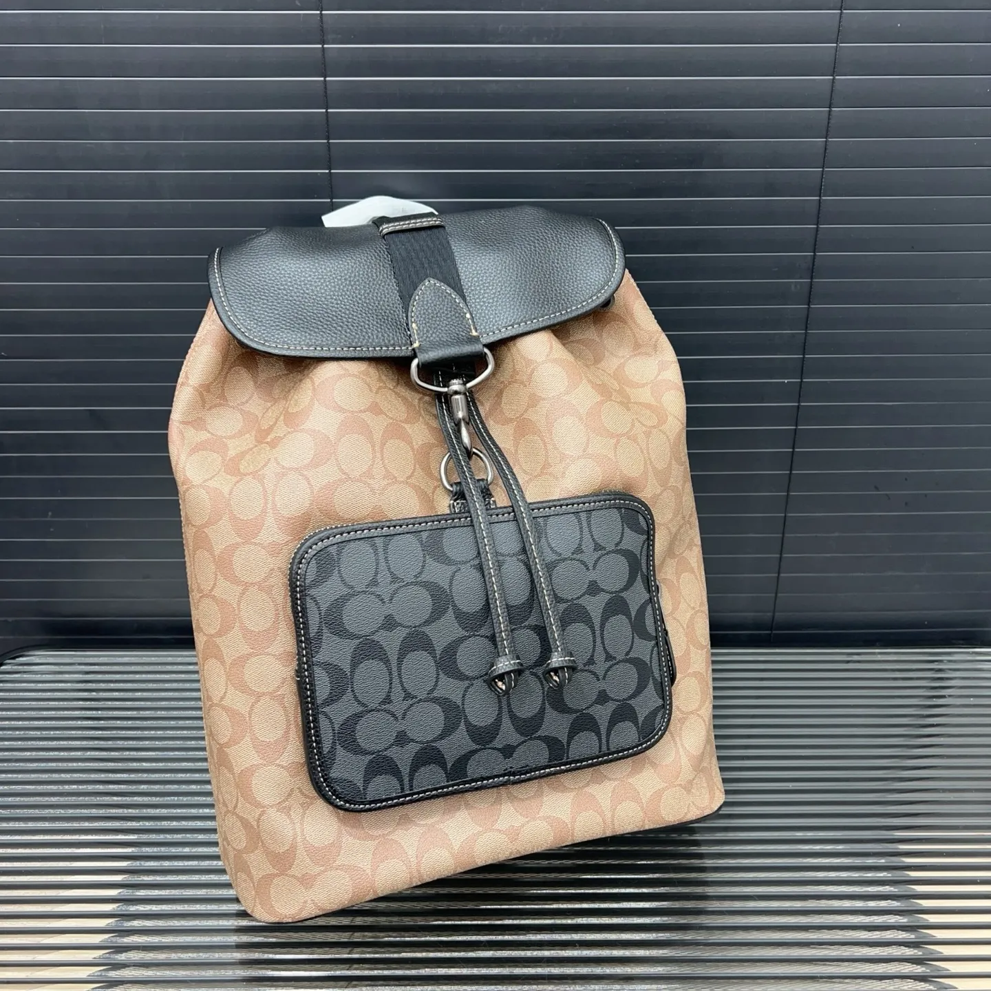 coach backpack drawstring in Natural Grid House Lifestyle Coach Drawstring Flap Bucket Mini