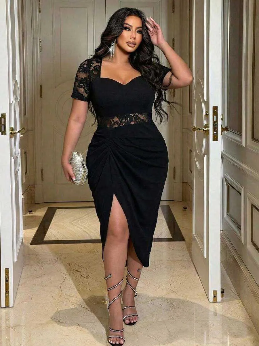 NUNOW Plus Size Women Summer Elegant Black Lace Short... From Twillyu, Rs.4,958.71