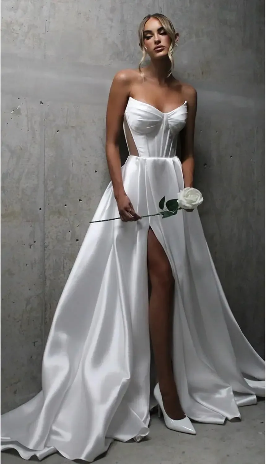 sexy white formal dresses A-line Prom Pageant Dress Strapless Satin Lace Up Back Slit Sweep Train Satin Evening Birthday Party Gowns vestidos de fieast vintage bridal