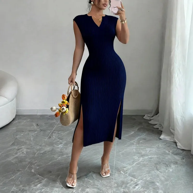 Womens White V-Neck Sleeveless Knit Bodycon Maxi Sundress, Elastic Fit with Side Slit, Casual Summer Dress for Daily Wear and Party