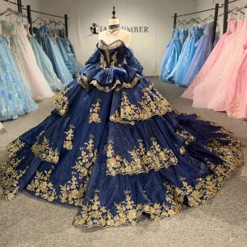 blue and gold sweet 15 dresses Navy Glitter Ball Gown Quinceanera Applique Lace Beading Crystal Bow Tiered Tull Corset Off The Shoulder 16 Dress vestidos royal blue quinceanera dresses with sleeves