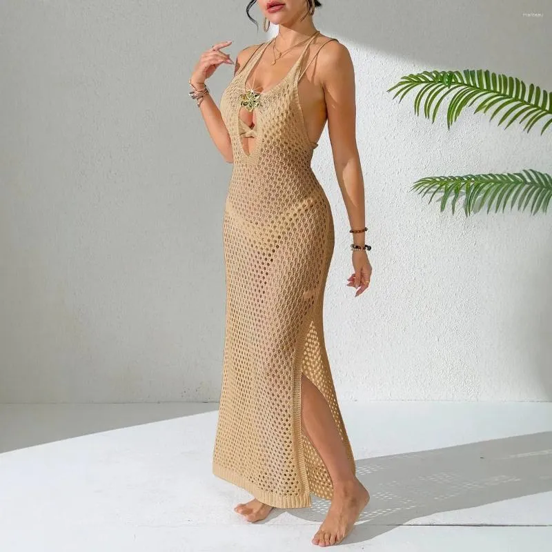 Halter Hollow Knit Beach Maxi Dress Women Metal... From Manteau, Rs.1,895.55