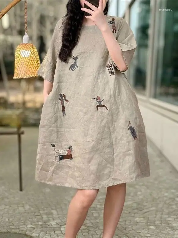 Casual Dresses Summer 2026 Women's Loose Cotton Linen Dress Sweet Style Boring Pink Simple Design A-Line Skirt Short Sleeve Round Neck