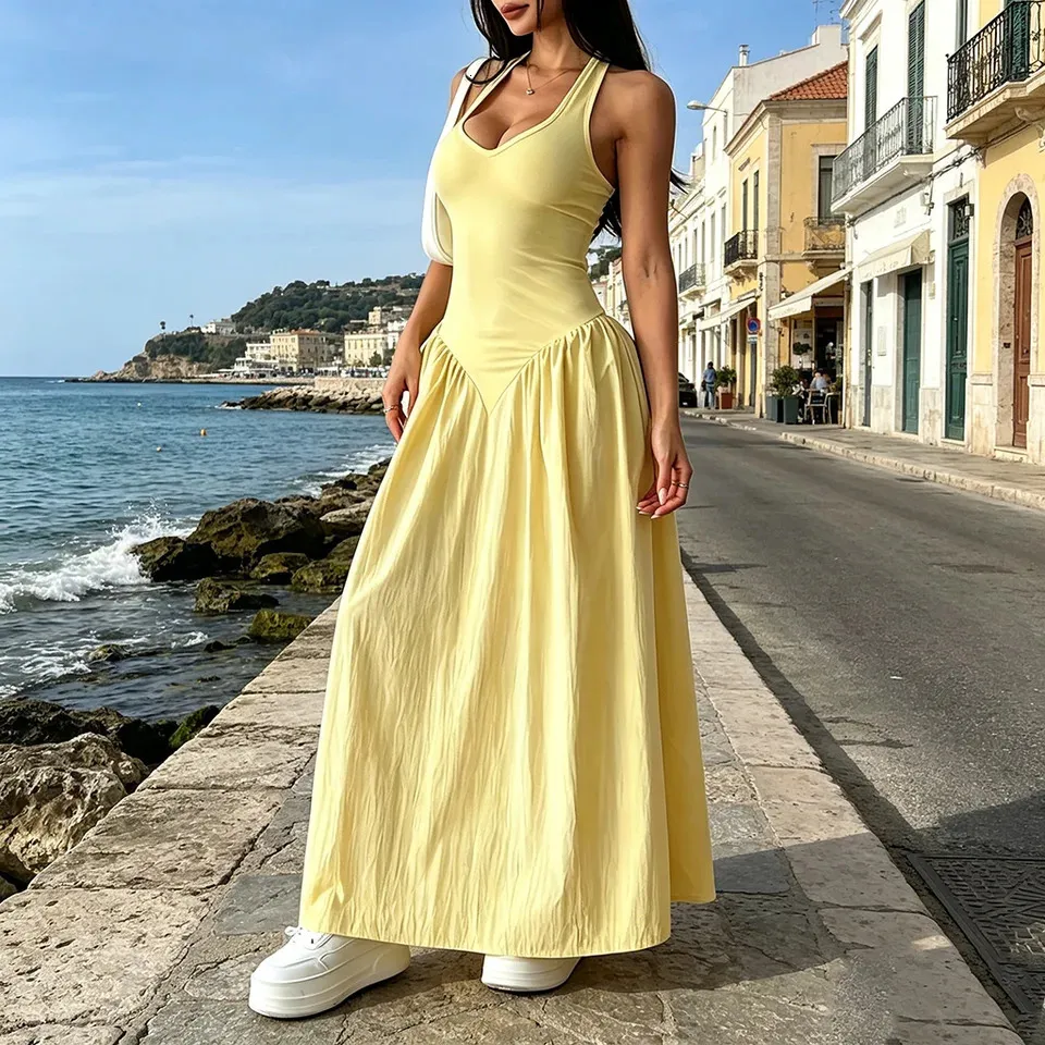yellow maxi dress casual Women Halter Neck Sleeveless V-Neck Backless A-Line Long Dress Summer Elegant Beach Party Dresses 260720 Midi dress Color:Light pink Audrina Bodycon Sequin Gown eyelet lace dress Loose fit