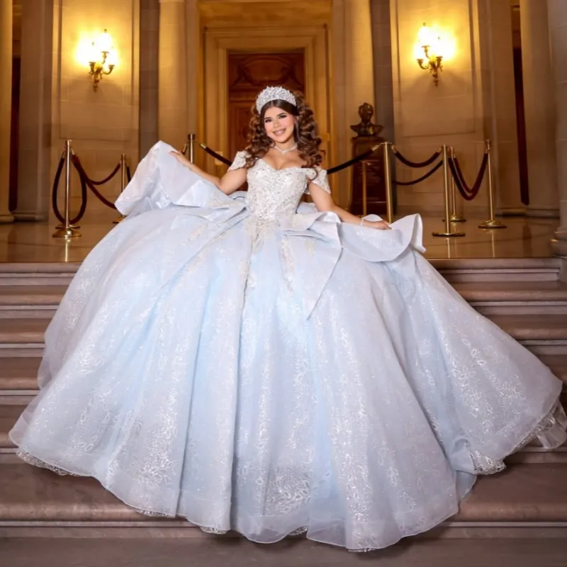 Light Blue Glitter Ball Gown Quinceanera Dresses... From Zaomeng321, Rs.32,725.33