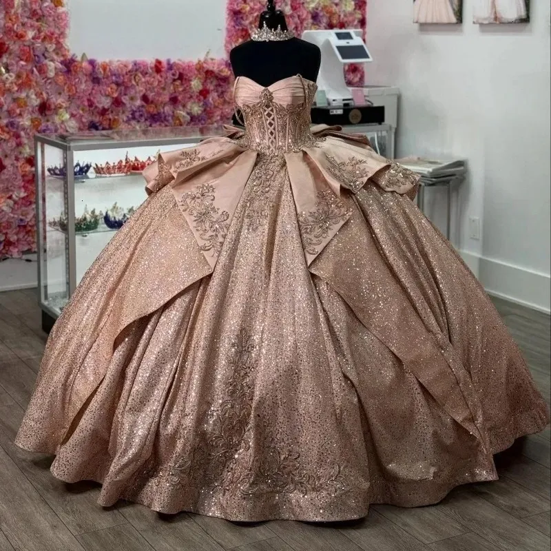 sweet sixteen rose gold dresses Shiny Ball Gown Quinceanera Dresses... From Babynice666, Rs.17,460.42 Fabric_Lace