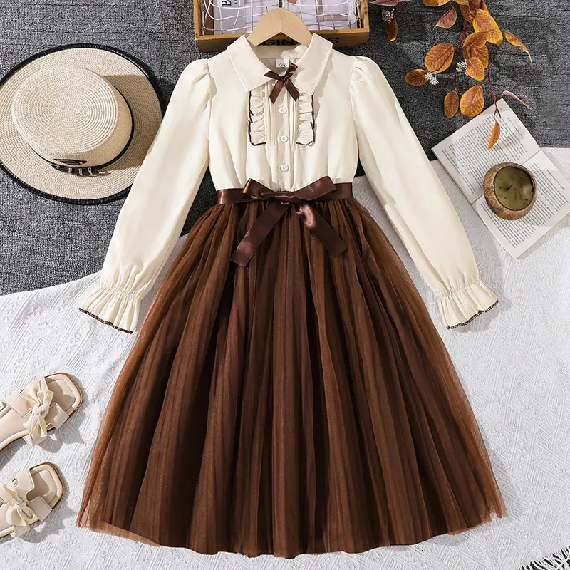 brown tulle dress girls 812 Spring Autumn Shirt Lapel Bow Frill Long Sleeve Satin Belt Flowy Mesh Skirt Casual 260720 Sort by Style- Slim A-line length double lining for Color:Cerise Purple Wedding Theme Turquoise