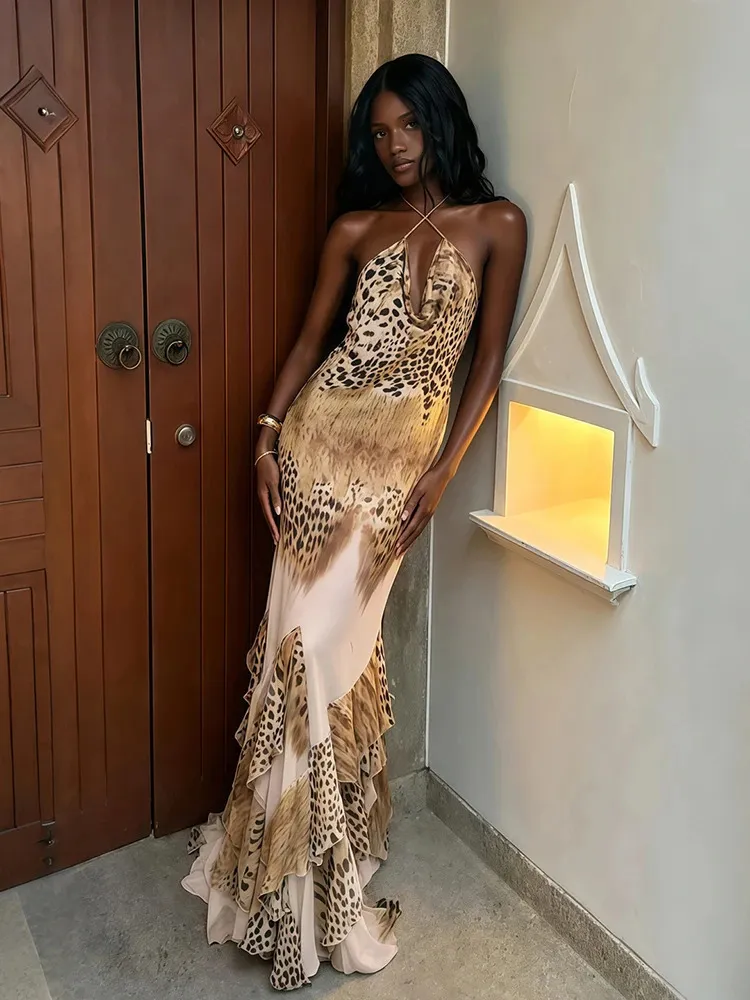 leopard print backless lace-up bodycon dress Kliou Sexy Woman Halter Sleeveless Shape Waist Robe High Street Fashion Style Long 260720 Sky Blue Dress Shoes High Cover 2025 w8 Color:Azuliana in its best form