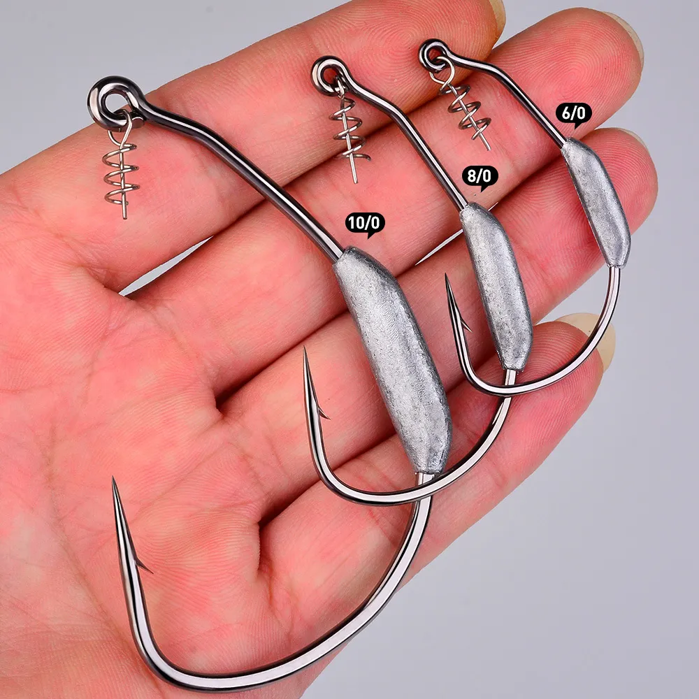 cranked fishing hooks PROBEROS 20PCS Saltwater 1/0#-5/0# Anti-rusty Single hoo Proberos Crank hook is equipped with a spring lock with lead and spinner blades to strengthen the lure of fish 2 Jig Crank Head Barbed Hook
