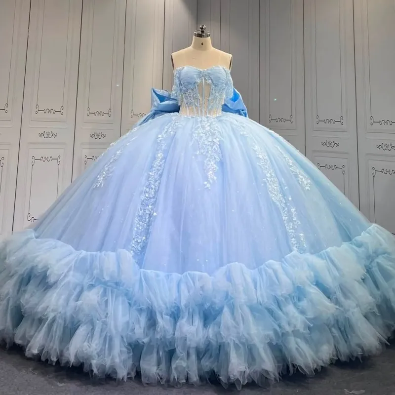 Ice Blue Quinceanera Dress with Puffy Multi-Layer Ruffled Skirt, Fluffy Big Circle Hem, Floor-Length Tulle for 15-Year-Old Girls