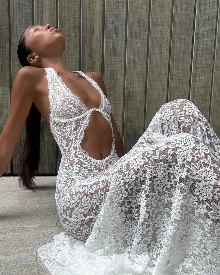 sexy white backless dress Spaghetti straps Sequined Sparkly Side Slit Cocktail Pro – AlineBridal style skirt that cascades down to a sweeping maxi hem Sexy White Lace Hollow-out Halter