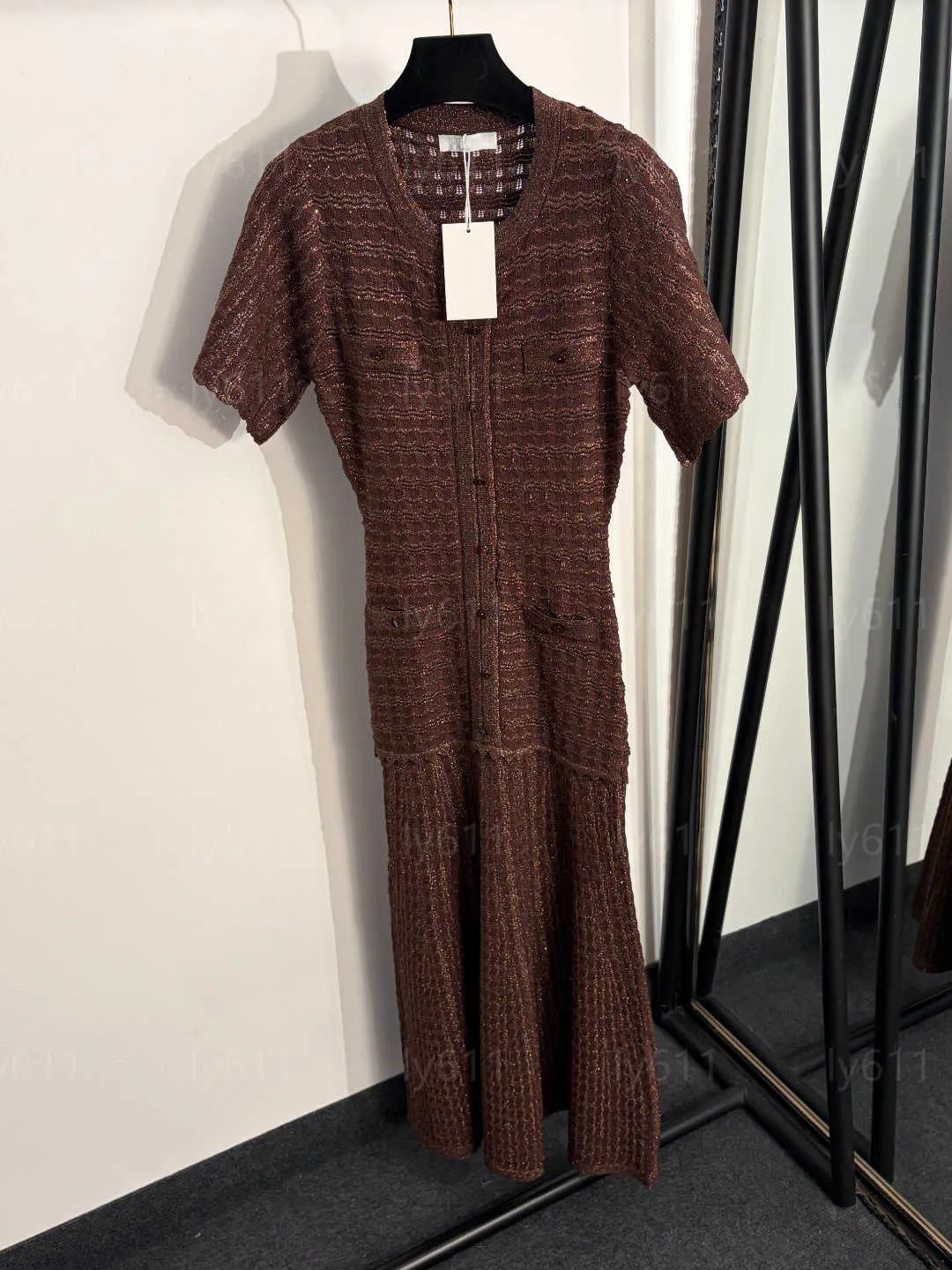 sandro layered dress Women Knit Maxi Dress Crew Neck Short Sleeve Vertical Dark Rhinestone Button Chic Slim Mermaid Hem Spring Fashion Streetwear womens online boutique