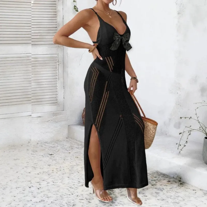 sexy beach maxi dress Spaghetti Strap Knit Women Black Bow High Side Split Swimsuit Cover Up Vacation Long Black Cotton Maxi T-Shirt Color:FULL OF FLOWERS comment coudre neckline Short sleeves Maxi