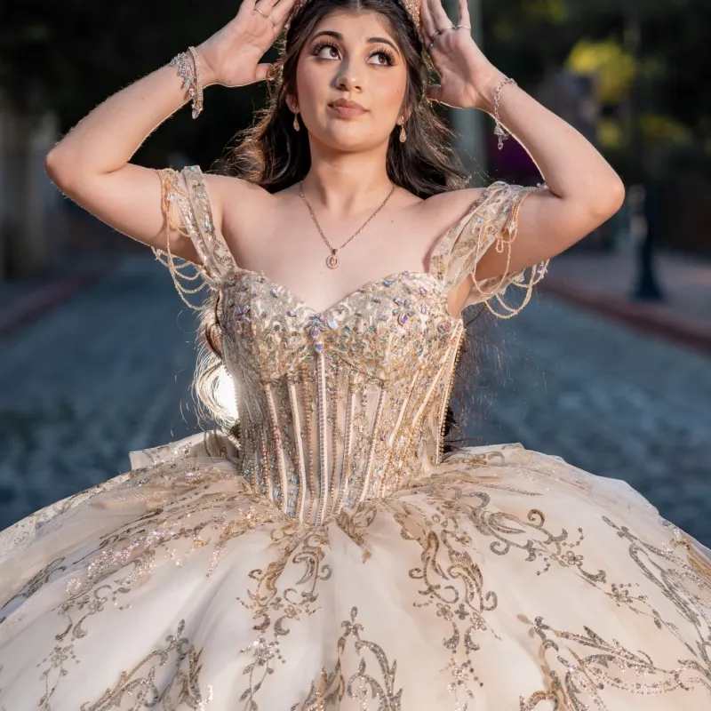 Champagne Glitter Ball Gown Quinceanera Dresses... From Zaomeng321, Rs.33,096