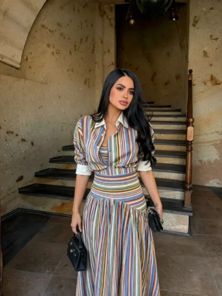 Boho Colorful Stripe Maxi Dress Set, Turndown Collar,... From Bai06, Rs.2,183.95