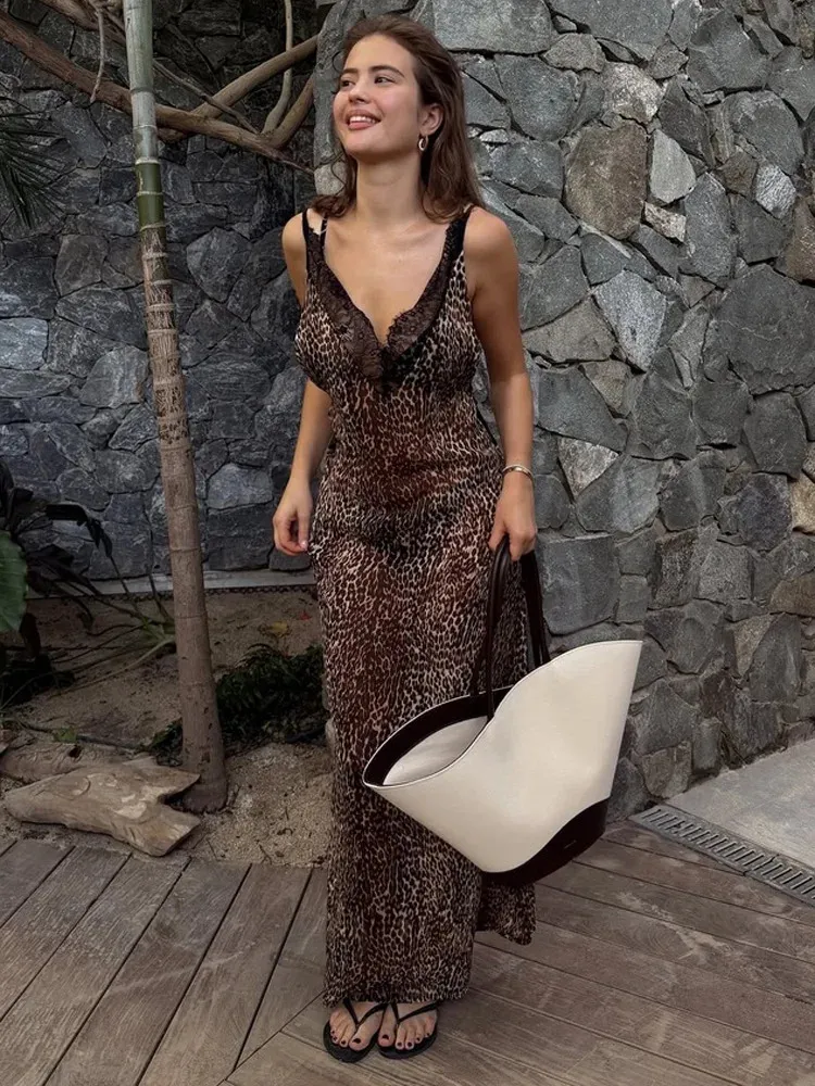 flowy leopard print dress Tossy Womens Spaghetti Strap Backless Maxi 3pcandiscount-jul26