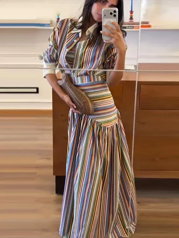 bohemia striped shirt maxi dress Boho Colorful Stripe Set, Turndown Collar, Single-Breasted, Fitted Long Sleeve Dress for Women, Flowy Outfit Womens Summer Fashionable Casual spring_occasion 3 fall lipstick/outfit combination color:Olive