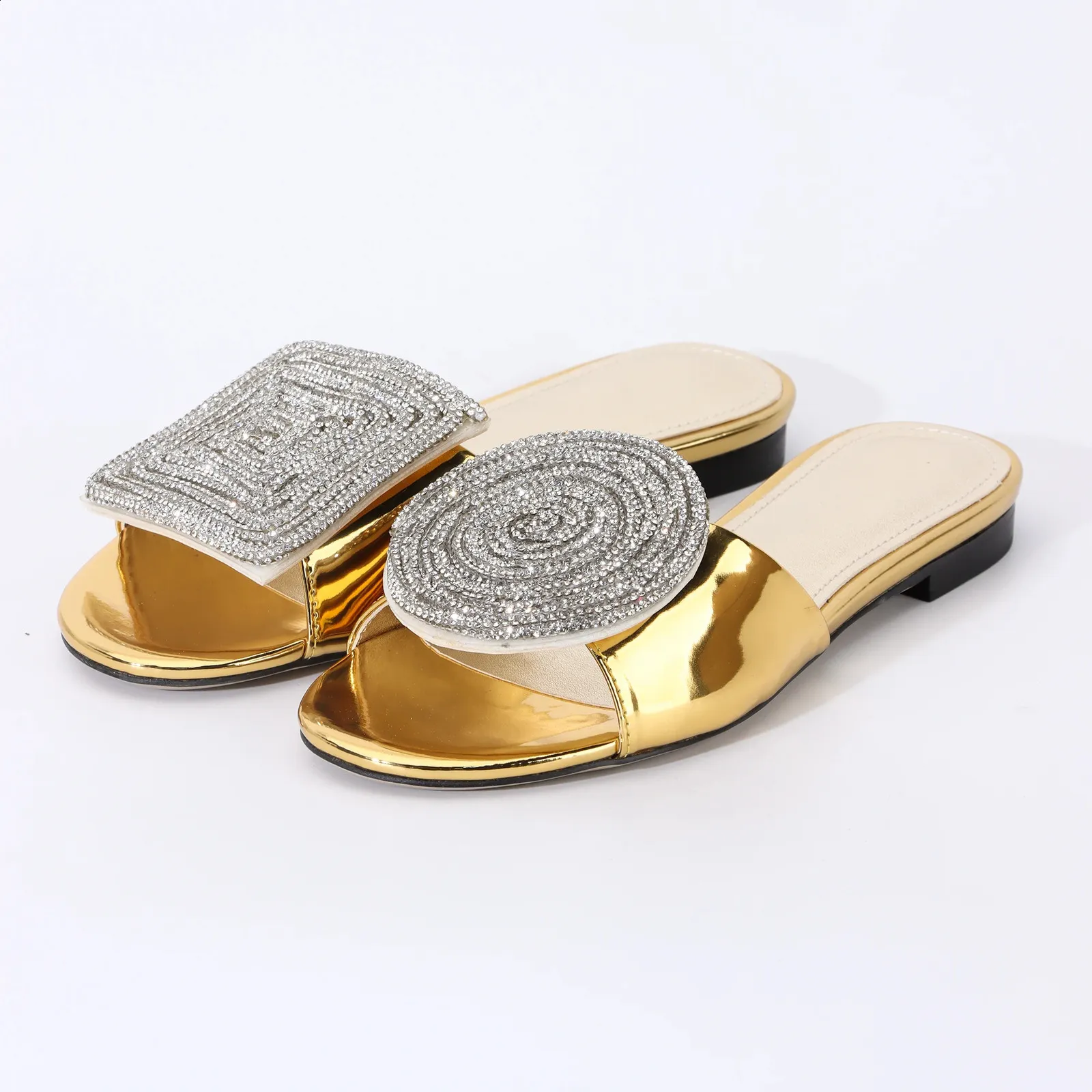 Gold Flat Rhinestone Sandals, Round Toe Ladies Mules... From Longda004, Rs.2,649.29 In Bulk