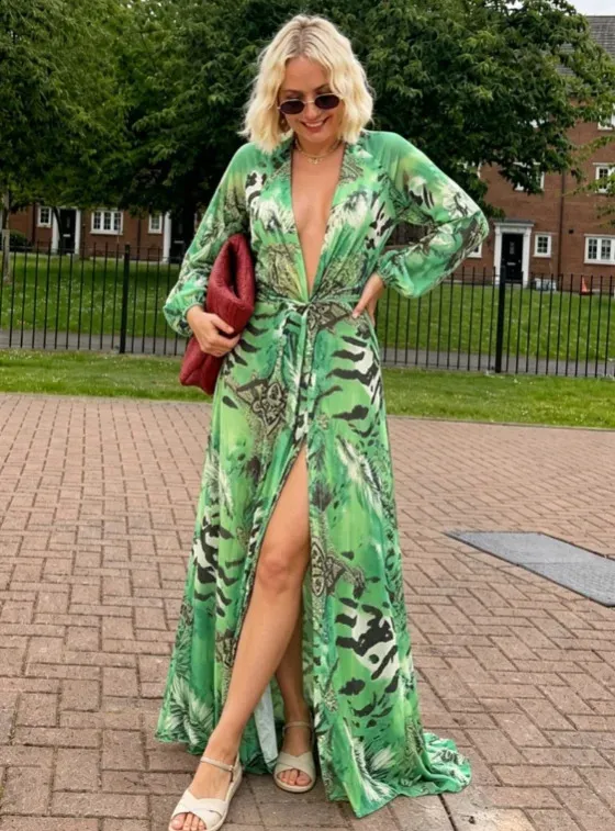 Womens Green Tie Waist Long Sleeve Maxi Dress