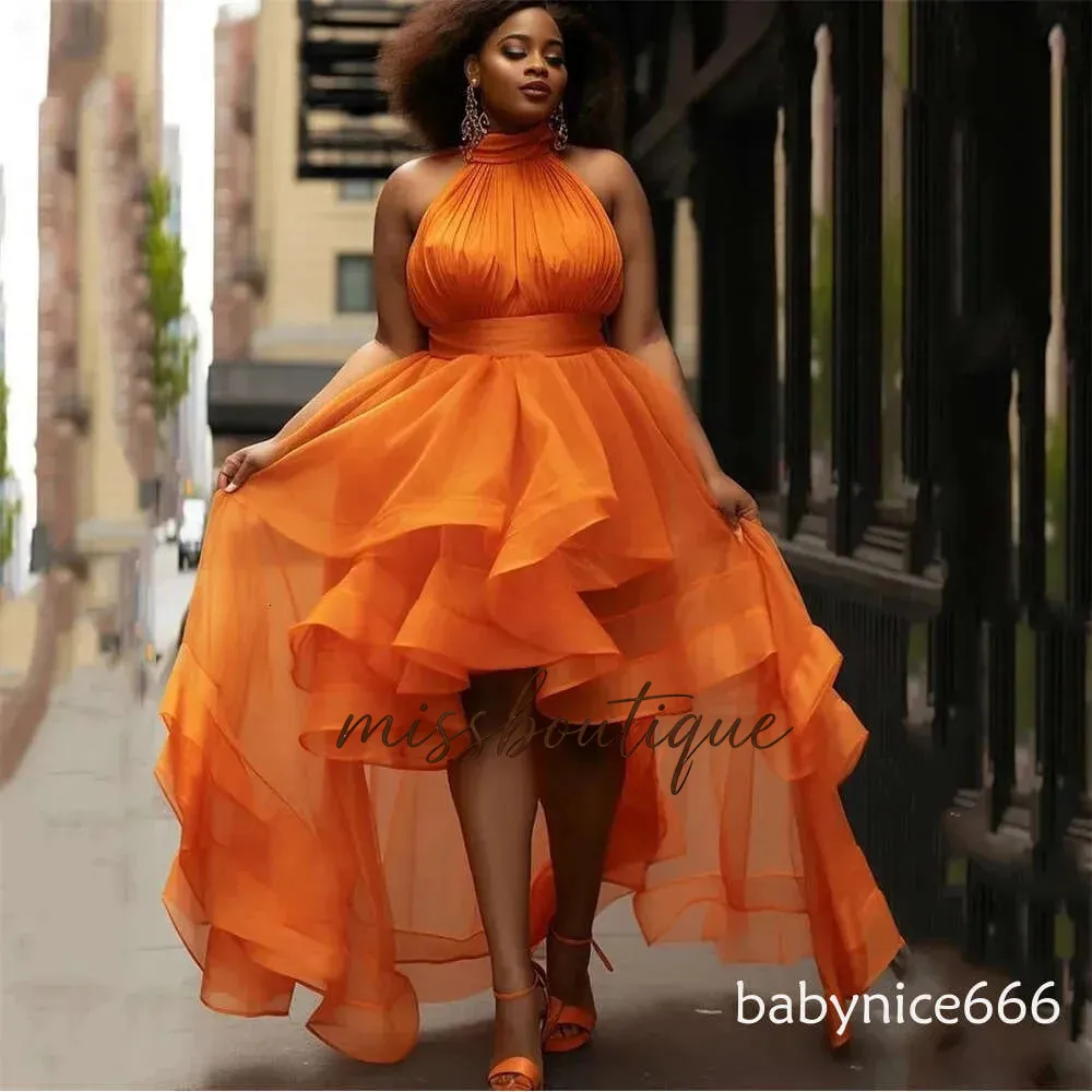 Sexy Orange Organza Prom Dress, Halter Neck, Tiered A-Line High-Low Evening Gown, Formal Party Dress