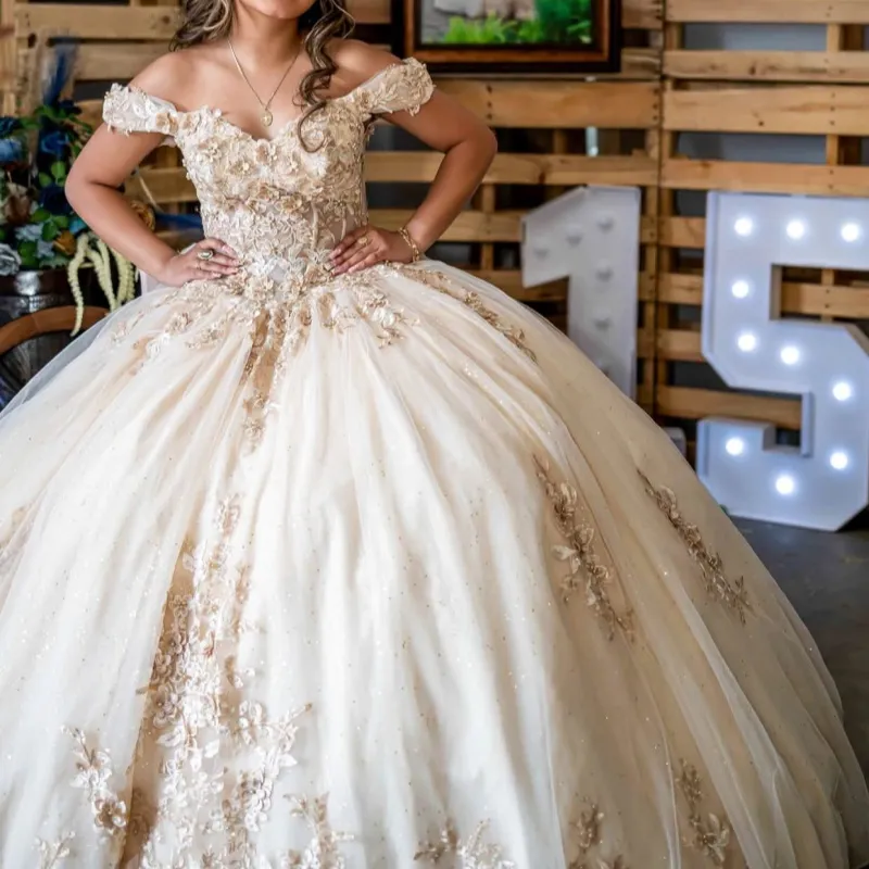 gold fluffy dress Off White And Light Quinceanera With... From Y0937, Rs.30,014.39 sleeve:sleeveless