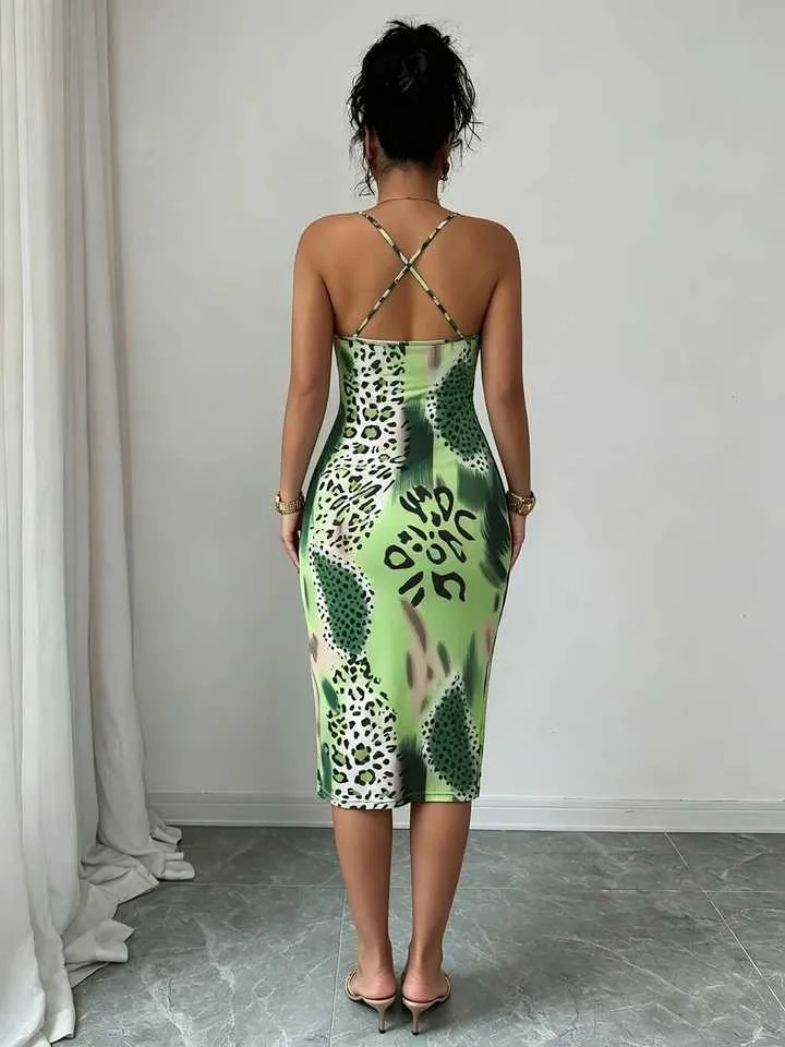 Womens Green Leopard Print Spaghetti Strap Midi... From Paris_012, Rs.311.28 In Bulk
