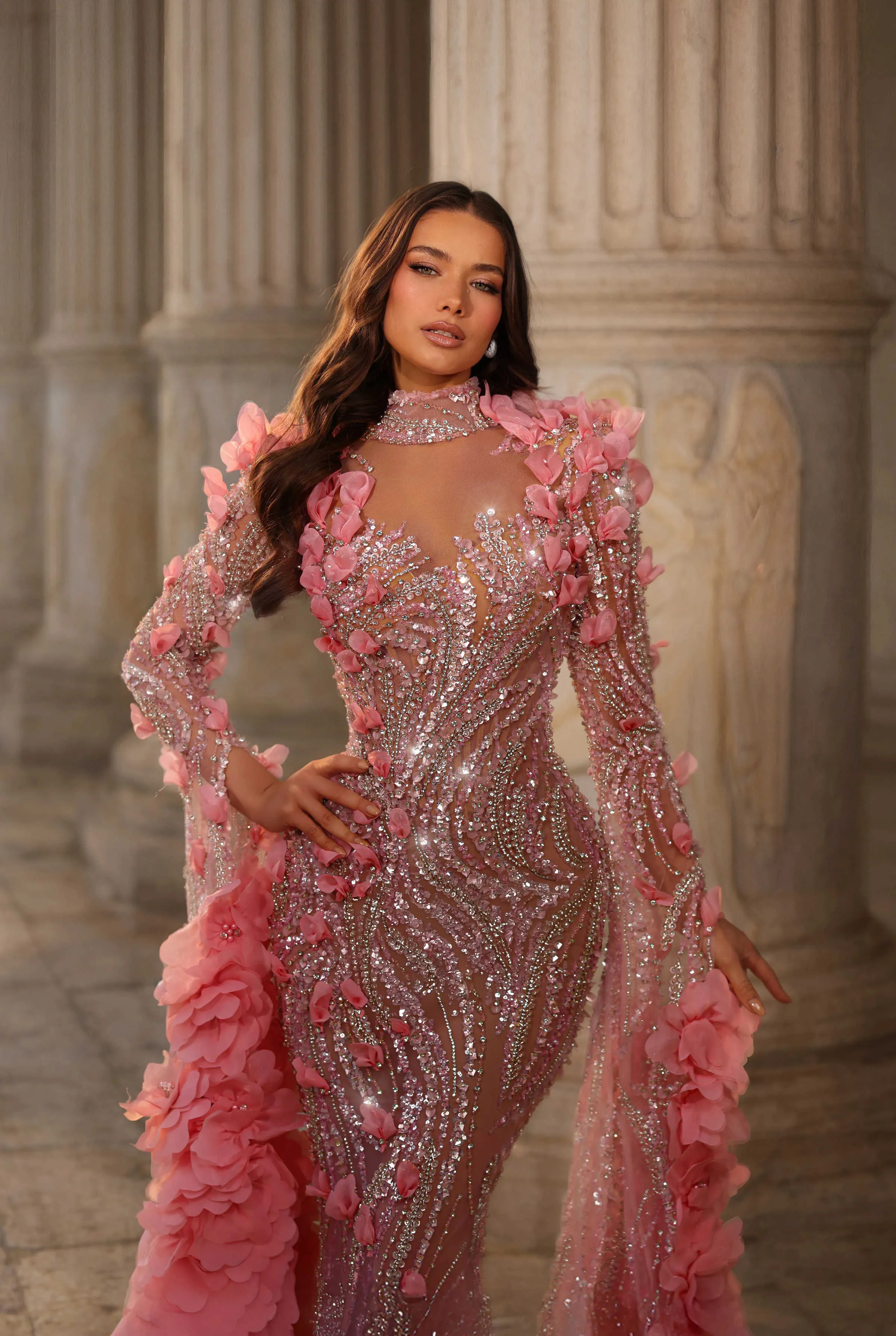 illusion sleeve cocktail dress Evening Dress, High Collar Long Gown with Diamond Sequins and 3D Flowers, Elegant Vestidos De Noche creates a rich contrast 795875741 Color:Medium Wash Indigo #plussize up to size Formal dresses