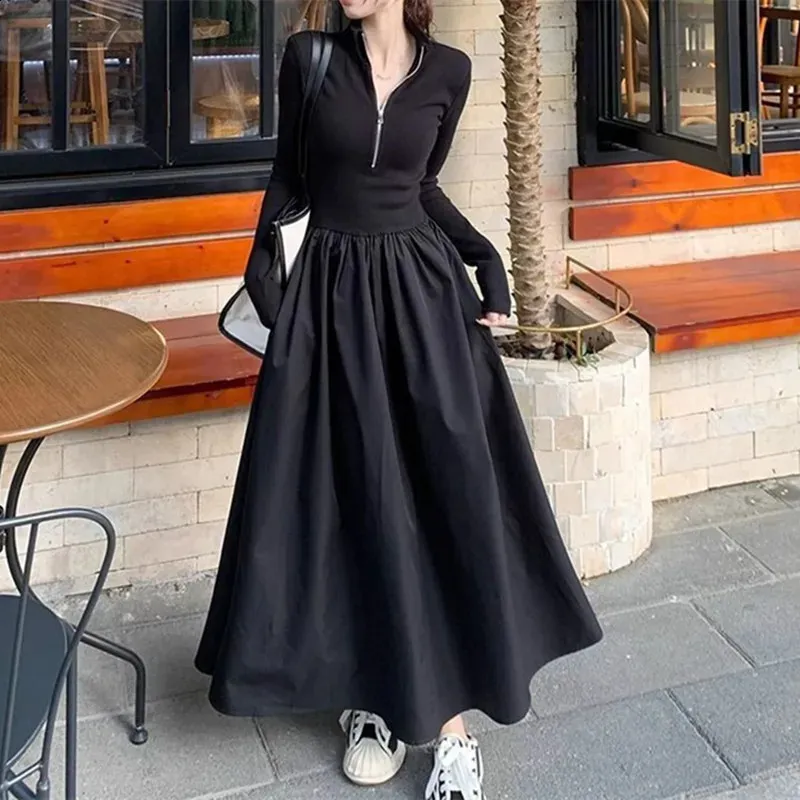 black turtleneck a line dress Long Sleeve A-Line for Women, Korean Style, High Waist Zipper, Casual Autumn Wear Wedding dresses