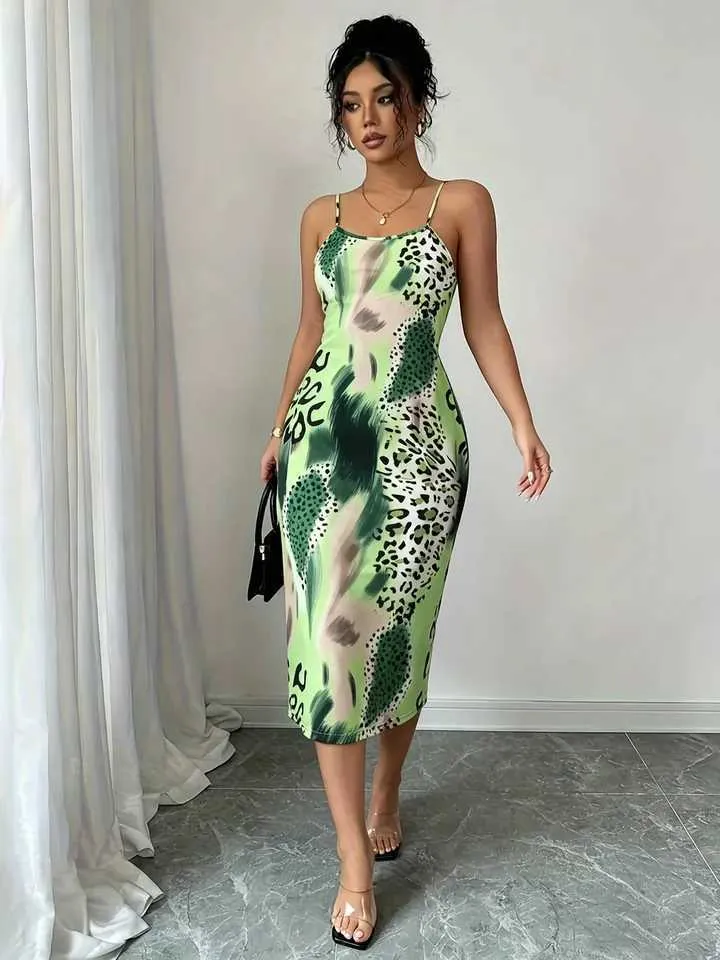 green leopard silk dress Womens Print Spaghetti Strap Midi Bodycon Womens dresses